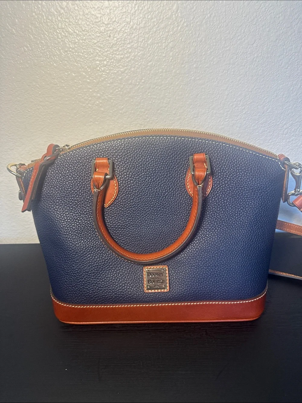 Dooney & Bourke Navy Satchel with Brown Trim and Gold Hardware